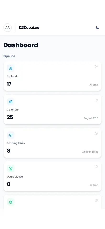 123Dubai agent dashboard on mobile